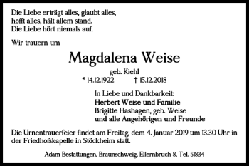 Traueranzeige von Magdalena Weise von Braunschweiger Zeitung