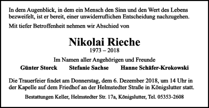  Traueranzeige für Nikolai Rieche vom 01.12.2018 aus Helmstedter Nachrichten