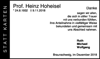 Traueranzeige von Prof. Heinz Hoheisel von Braunschweiger Zeitung