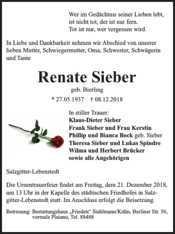 Traueranzeige von Renate Sieber von Salzgitter Zeitung
