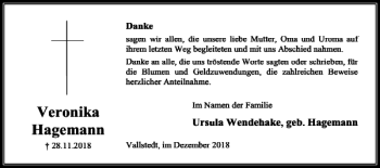 Traueranzeige von Veronika Hagemann von Peiner Nachrichten