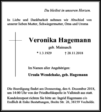 Traueranzeige von Veronika Hagemann von Peiner Nachrichten
