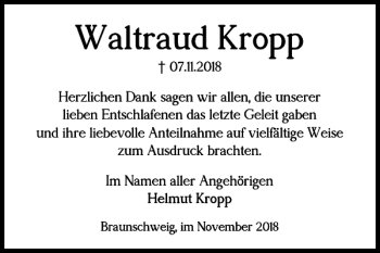 Traueranzeige von Waltraud Kropp von Braunschweiger Zeitung