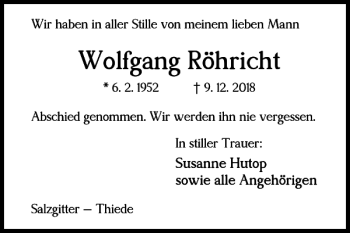 Traueranzeige von Wolfgang Röhricht von Salzgitter Zeitung