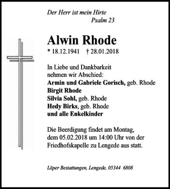 Traueranzeige von Alwin Rhode von Peiner Nachrichten