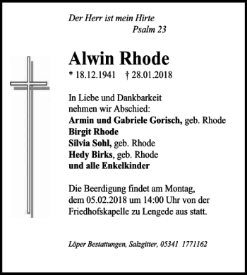 Traueranzeige von Alwin Rhode von Salzgitter Zeitung
