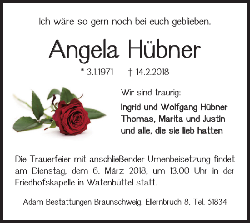  Traueranzeige für Angela Hübner vom 16.02.2018 aus Braunschweiger Zeitung