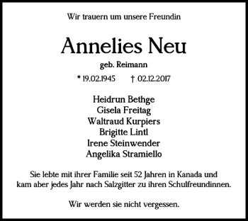 Traueranzeige von Annelies Neu von Salzgitter Zeitung