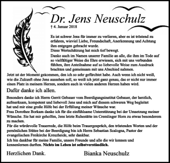 Traueranzeige von Dr. Jens Neuschulz von Wolfsburger Nachrichten
