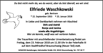 Traueranzeige von Elfriede Waschkowski von Braunschweiger Zeitung