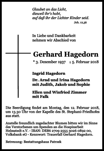 Traueranzeige von Gerhard Hagedorn von Helmstedter Nachrichten