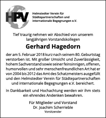 Traueranzeige von Gerhard Hagedorn von Helmstedter Nachrichten