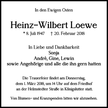 Traueranzeige von Heinz-Wilbert Loewe von Helmstedter Nachrichten