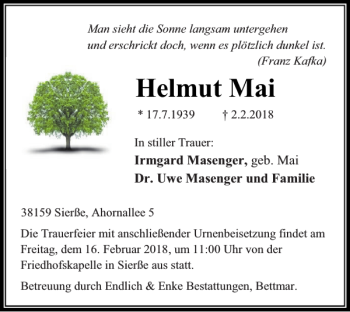Traueranzeige von Helmut Mai von Peiner Nachrichten