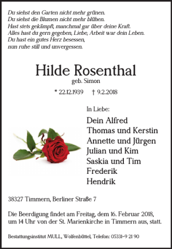 Traueranzeige von Hilde Rosenthal von Wolfenbütteler Zeitung