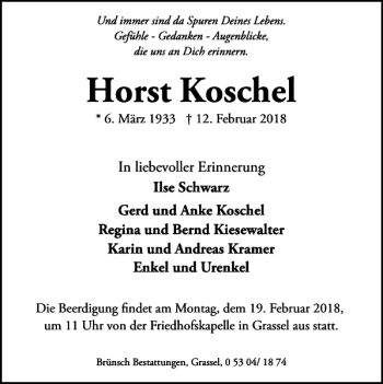 Traueranzeige von Horst Koschel von Wolfsburger Nachrichten