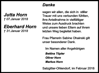 Traueranzeige von Jutta Horn Eberhard Horn von Salzgitter Zeitung