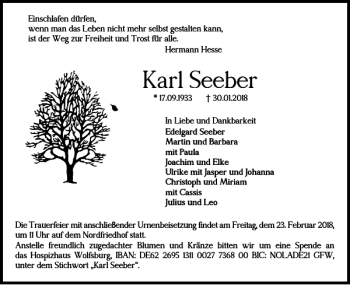 Traueranzeige von Karl Seeber von Wolfsburger Nachrichten