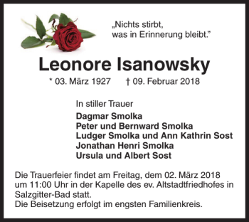 Traueranzeige von Leonore Isanowsky von Salzgitter Zeitung
