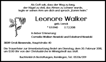 Traueranzeige von Leonore Walker von Wolfenbütteler Zeitung