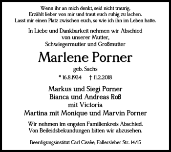 Traueranzeige von Marlene Porner von Braunschweiger Zeitung