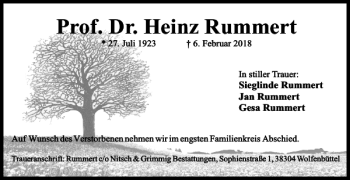 Traueranzeige von Prof. Dr. Heinz Rummert von Wolfenbütteler Zeitung