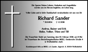 Traueranzeige von Richard Sander von Wolfenbütteler Zeitung