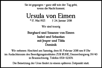 Traueranzeige von Ursula von Eimen von Braunschweiger Zeitung