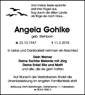 Traueranzeige von Angela Gohlke von Wolfsburger Nachrichten