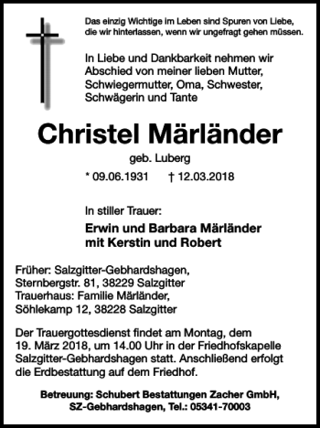 Traueranzeige von Christel Märländer von Salzgitter Zeitung