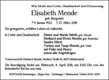 Traueranzeige von Elisabeth Mende von Helmstedter Nachrichten