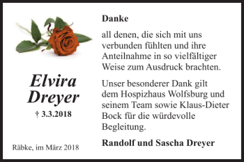 Traueranzeige von Elvira Dreyer von Helmstedter Nachrichten