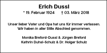 Traueranzeige von Erich Dussl von Braunschweiger Zeitung
