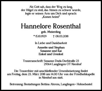 Traueranzeige von Hannelore Rosenthal von Braunschweiger Zeitung