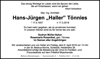 Traueranzeige von Hans-Jürgen Haller Tönnies von Braunschweiger Zeitung