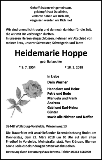 Traueranzeige von Heidemarie Hoppe von Wolfsburger Nachrichten