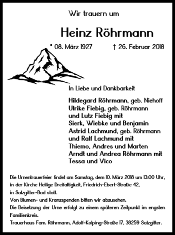Traueranzeige von Heinz Röhrmann von Salzgitter Zeitung