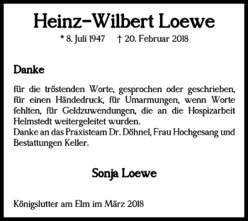 Traueranzeige von Heinz-Wilbert Loewe von Helmstedter Nachrichten
