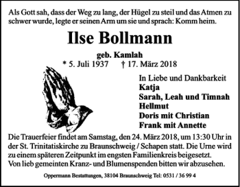 Traueranzeige von Ilse Bollmann von Braunschweiger Zeitung