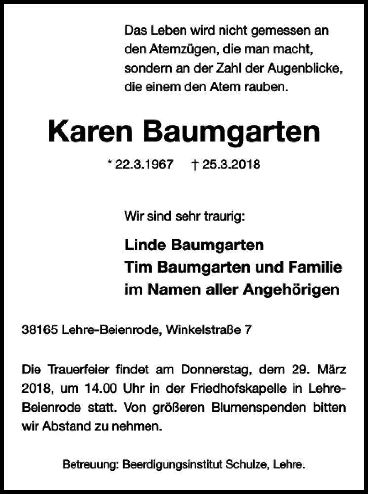  Traueranzeige für Karen Baumgarten vom 27.03.2018 aus Braunschweiger Zeitung