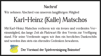 Traueranzeige von Karl-Heinz Kalle Matschos von Helmstedter Nachrichten