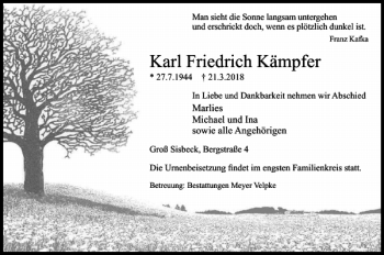 Traueranzeige von Karl Friedrich Kämpfer von Helmstedter Nachrichten