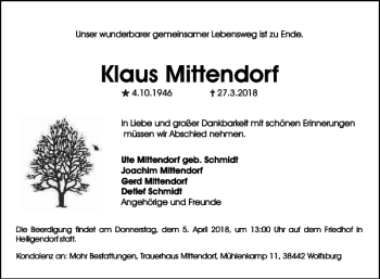 Traueranzeige von Klaus Mittendorf von Wolfsburger Nachrichten