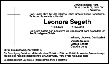 Traueranzeige von Leonore Segeth von Braunschweiger Zeitung