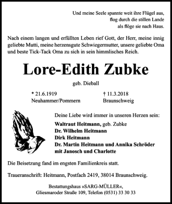 Traueranzeige von Lore-Edith Zubke von Braunschweiger Zeitung
