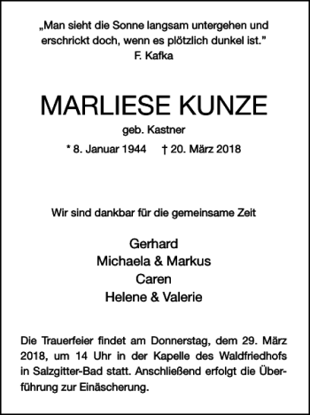 Traueranzeige von MARLIESE KUNZE von Salzgitter Zeitung