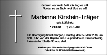 Traueranzeige von Marianne Kirstein-Träger von Braunschweiger Zeitung