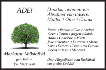 Traueranzeige von Marianne Wüstefeld von Braunschweiger Zeitung