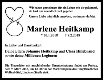 Traueranzeige von Marlene Heitkamp von Braunschweiger Zeitung