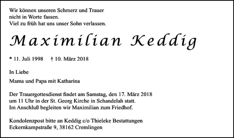  Traueranzeige für Maximilian Keddig vom 15.03.2018 aus Braunschweiger Zeitung